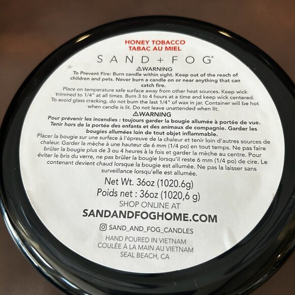 NWT Extra Large Sand + Fog Soy Honey Tobacco Scented Candle - Picture 4 of 8